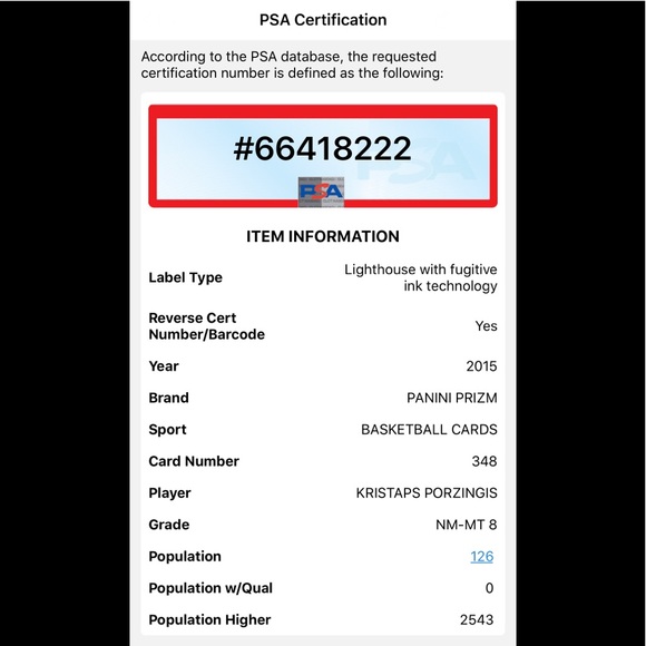 Kristaps Porzingis RC - 2015-16 Panini Prizm #348 PSA 8 - Picture 3 of 3